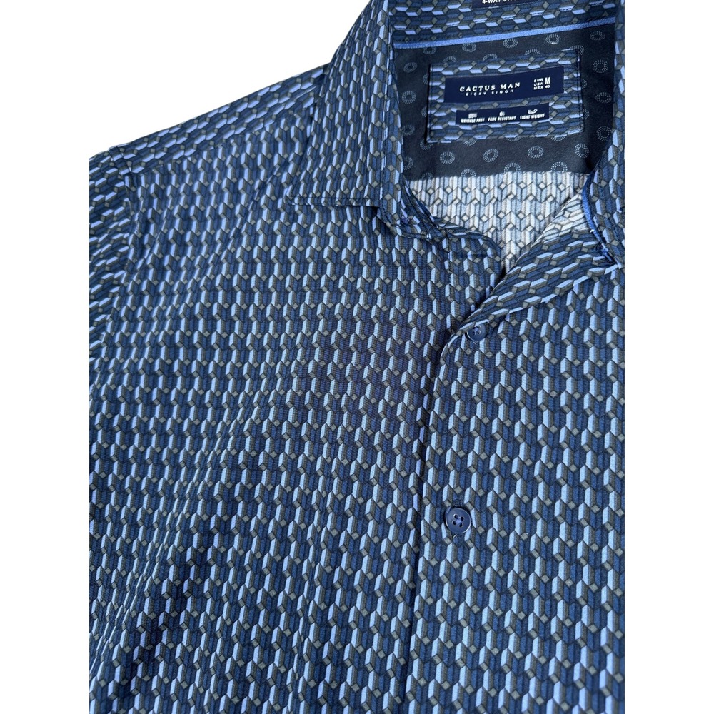 Cactus Man Ricky Singh Mens Blue Geometric 4-Way Stretch Short Sleeve Shirt M - Picture 3 of 4